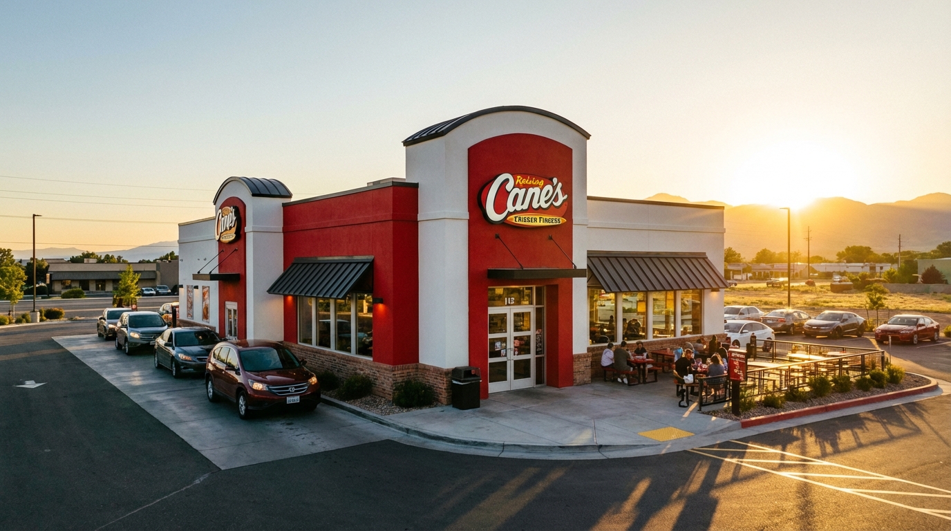Raising Cane's restaurant exterior at golden hour